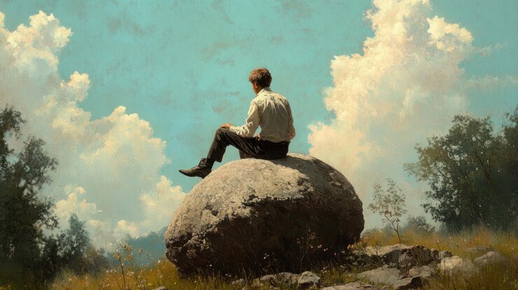 PSD un hombre contempla la vida en lo alto de una majestuosa roca bajo un vasto cielo