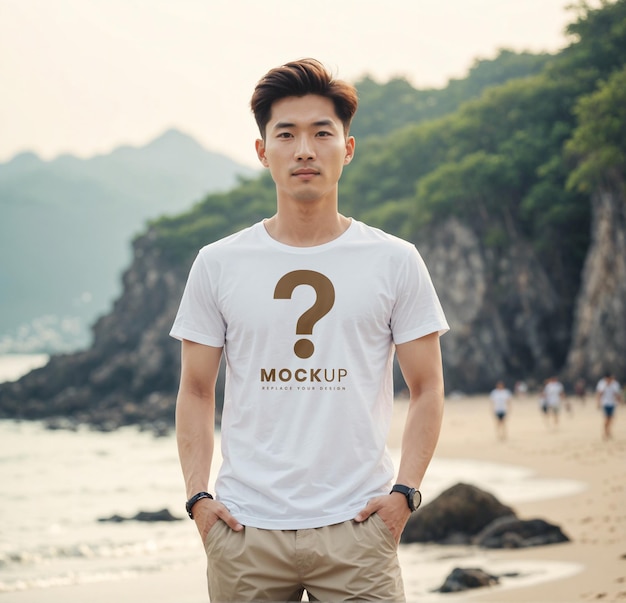 PSD hombre coreano en la playa maqueta de camiseta