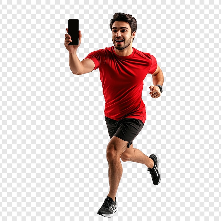 PSD hombre corriendo con un teléfono inteligente