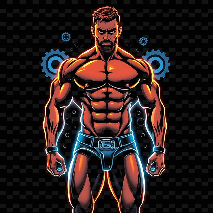 PSD hombre culturista en troncos diseño de arte industrial de neón con colores metálicos tema decorado con ge