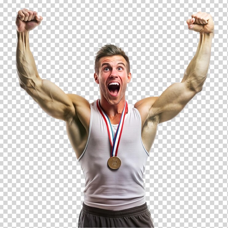 PSD hombre de los deportes feliz celebración en fondo transparente