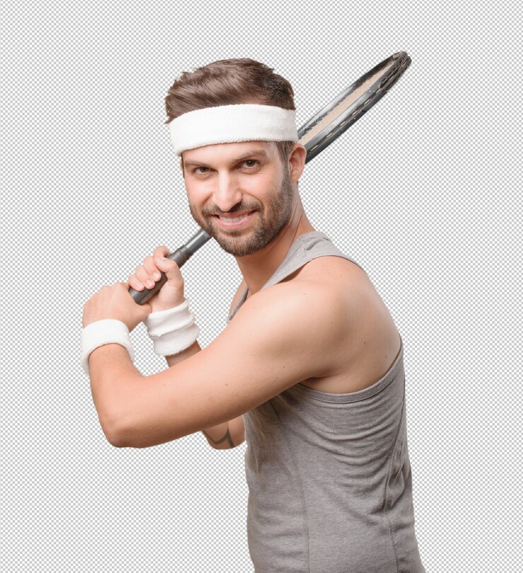 PSD hombre deportivo con raqueta de tenis