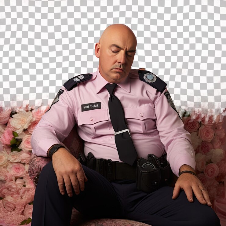 PSD un hombre desesperado de mediana edad con cabello calvo de la etnia aborigen australiana vestido con traje de oficial de policía posa en un estilo sentado con la cabeza apoyada en la mano contra una rosa pastel