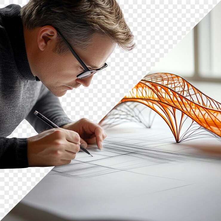 PSD un hombre dibujando un diseño en un papel blanco con un dibujo de un puente y un edificio