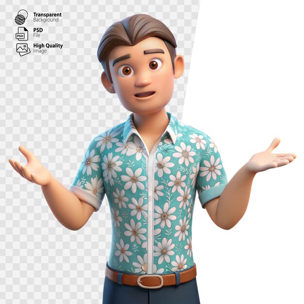 Hombre de dibujos animados en 3D con una camisa floral con ambas manos extendidas