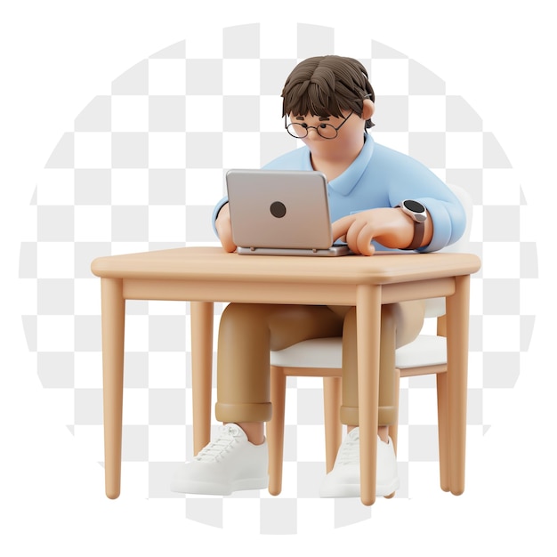 Hombre de dibujos animados en 3D trabajando en una computadora portátil en el escritorio