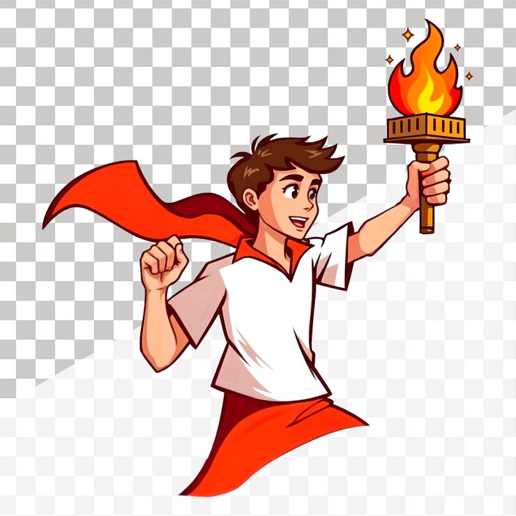 PSD un hombre de dibujos animados con una antorcha de llama de fuego en fondo blanco