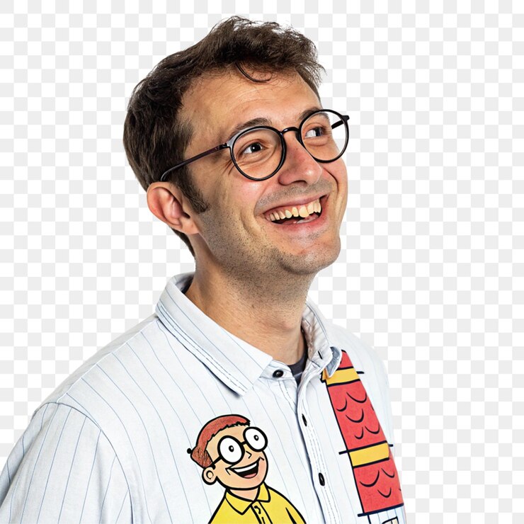 PSD hombre de dibujos animados con gafas aislado sobre un fondo transparente