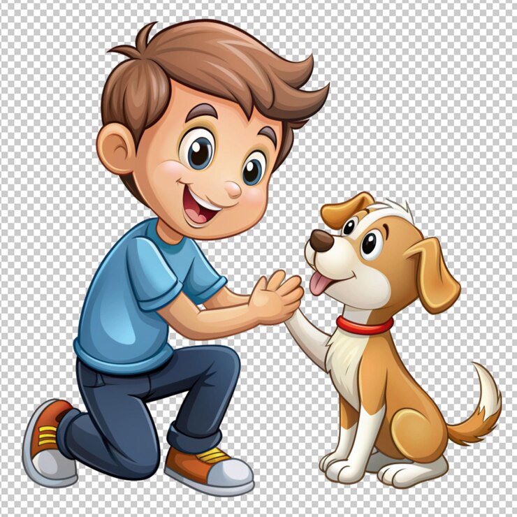PSD hombre de dibujos animados lindo jugando con su perro en un fondo transparente