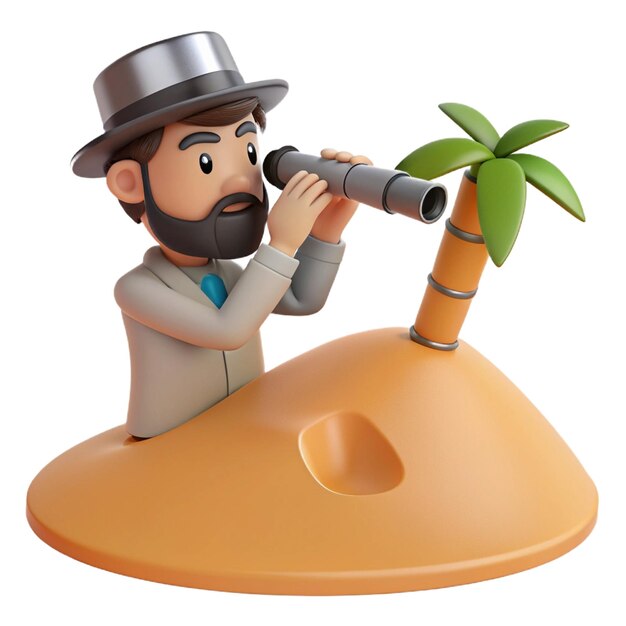 un hombre de dibujos animados mirando a través de un telescopio con una palmera en la parte superior