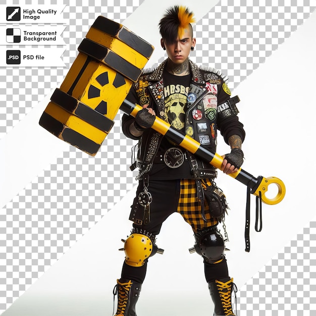 PSD un hombre en un disfraz con un traje amarillo y negro y negro sosteniendo una espada