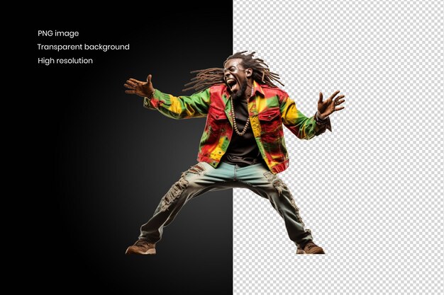 Un hombre con dreadlocks y una chaqueta colorida baila con las manos en el fondo del aire eliminado
