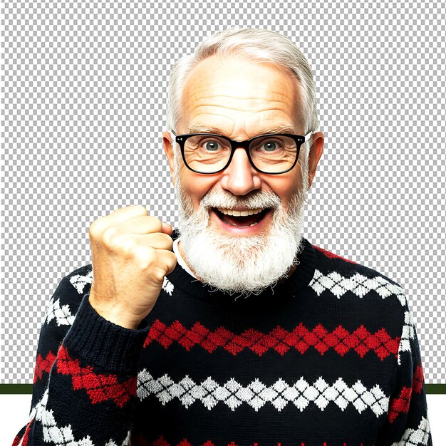 Hombre de edad avanzada alegre con barba y gafas en suéter Argyle levantando el puño en expresión emocionada