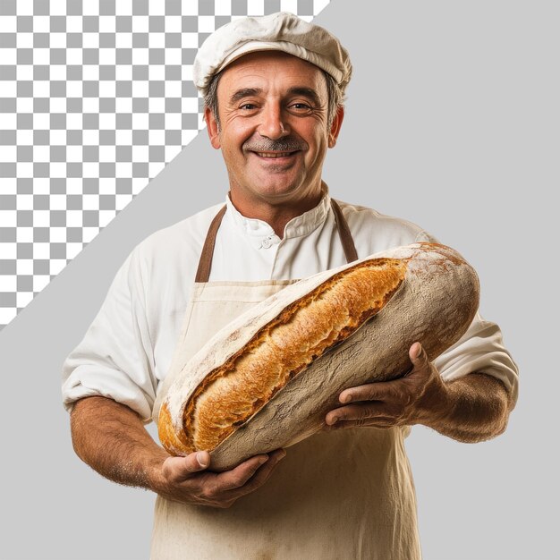 hombre de edad avanzada en un delantal y sombrero sosteniendo pan fresco aislado en un fondo transparente