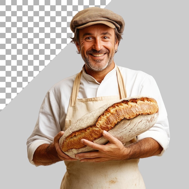 hombre de edad avanzada en un delantal y sombrero sosteniendo pan fresco aislado en un fondo transparente