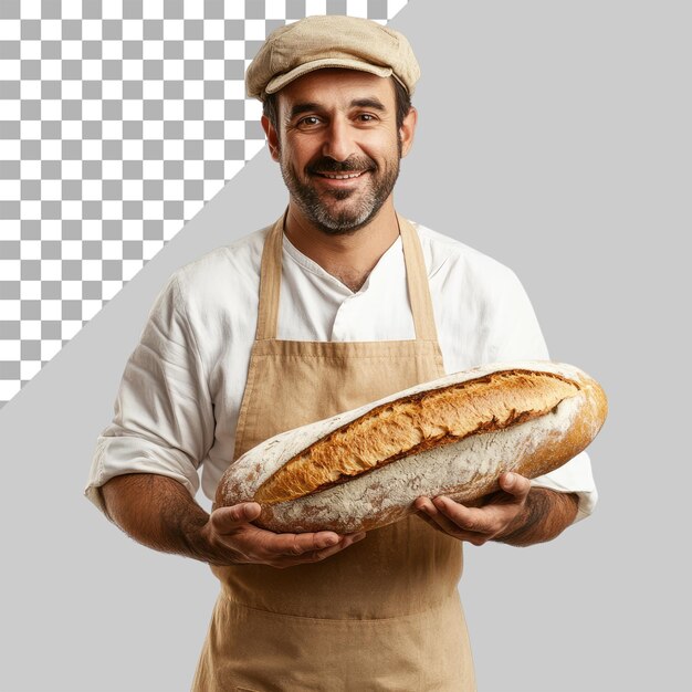 hombre de edad avanzada en un delantal y sombrero sosteniendo pan fresco aislado en un fondo transparente