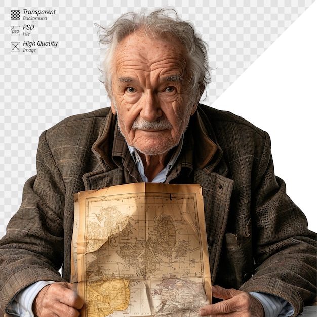 Hombre de edad avanzada explorando un retrato de primer plano de un mapa del mundo vintage