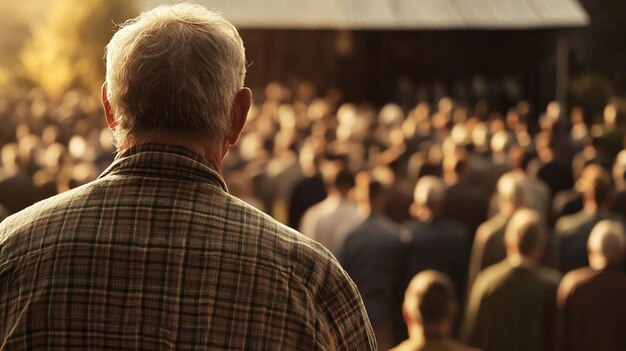Hombre de edad avanzada frente a una gran multitud al aire libre al atardecer