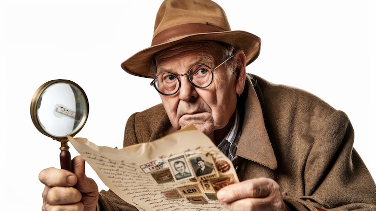 PSD hombre de edad avanzada inspeccionando una carta con una lupa mientras lleva un sombrero capturado en un entorno interior bien iluminado