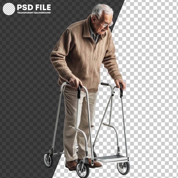 PSD hombre de edad avanzada que utiliza un andador para apoyarse en un entorno interior brillante