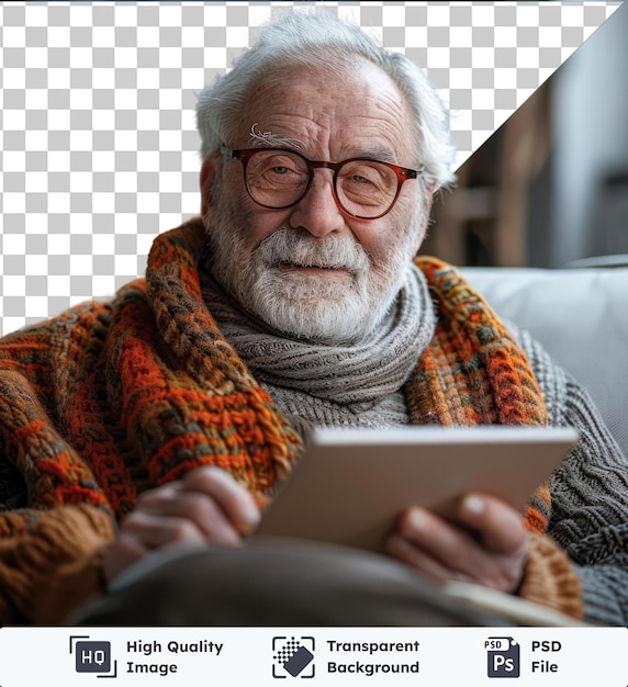 Hombre de edad avanzada transparente usando tableta en el sofá con barba gris y blanca gafas marrones y bufanda naranja sentado en una silla marrón y de madera con una mano blanca visible en primer plano