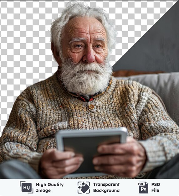 PSD hombre de edad avanzada transparente usando tableta en el sofá frente a la pared gris y negra con cabello blanco y gris nariz grande y barba gris y blanca mientras se sostiene de la mano con alguien