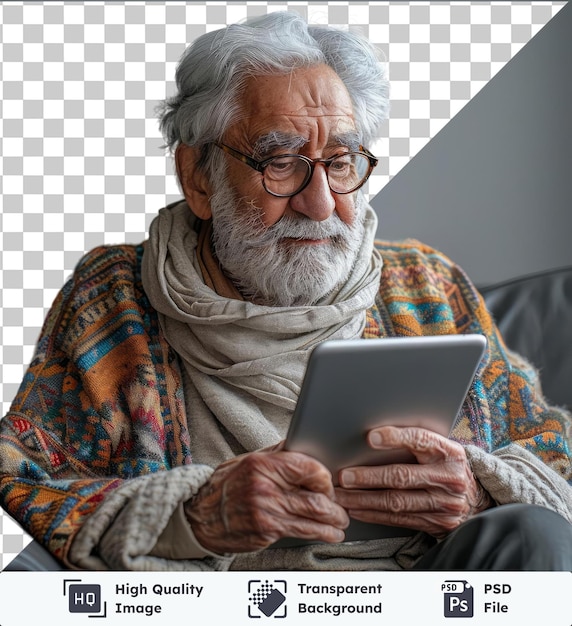 PSD hombre de edad avanzada usando tableta en el sofá frente a la pared gris y blanca usando gafas negras y bufanda gris con cabello gris y cara y sosteniendo las manos con alguien