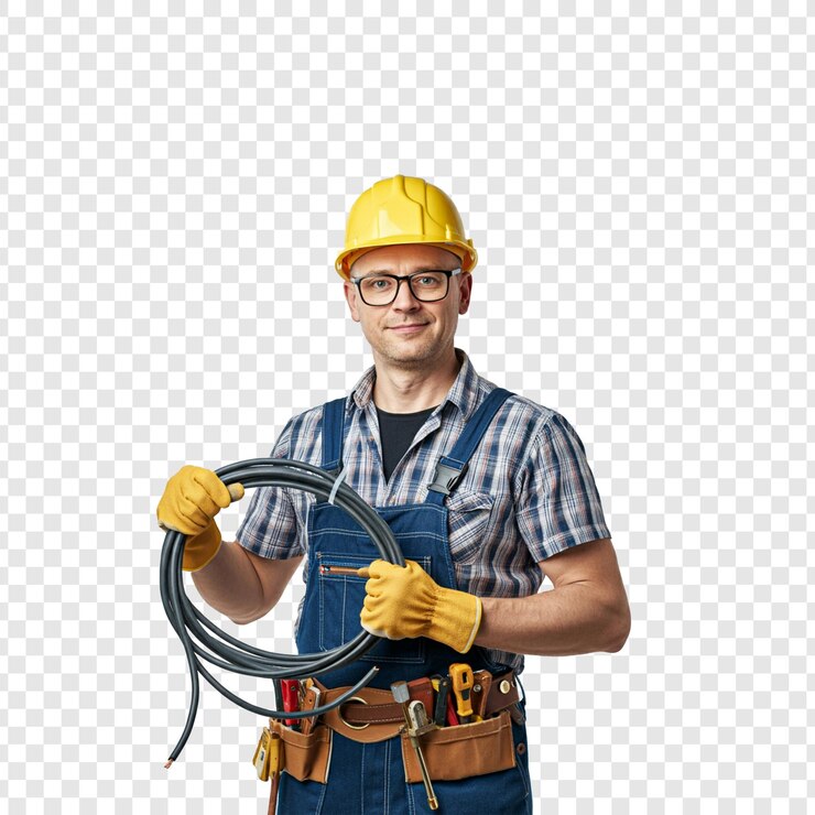 un hombre eléctrico con un sombrero duro sostiene un gran dispositivo con una cuerda en la mano en un bg transparente