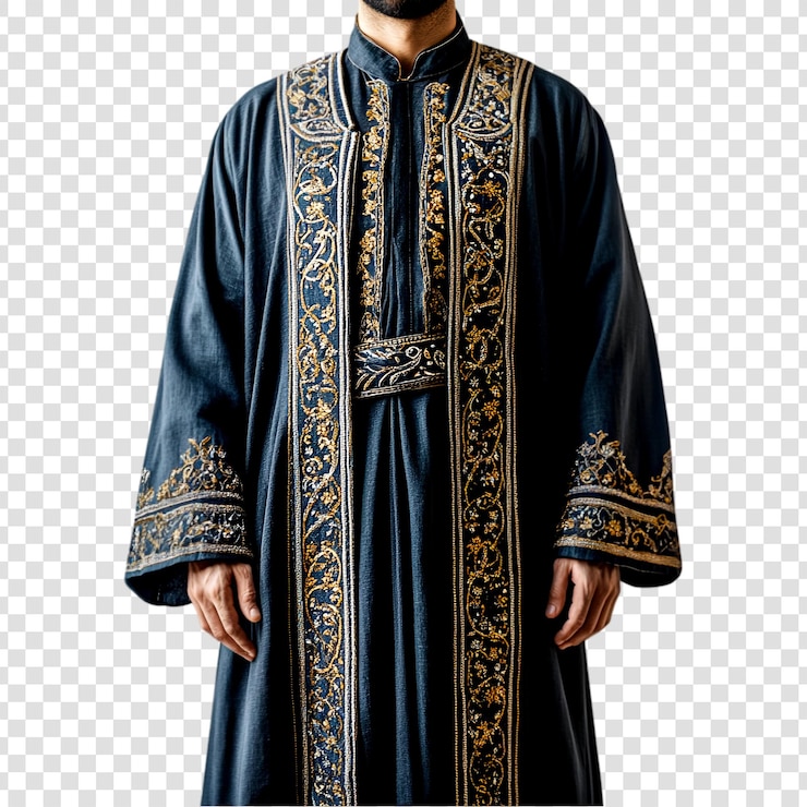 PSD hombre elegante con adornada túnica oscura bordado de oro ropa tradicional