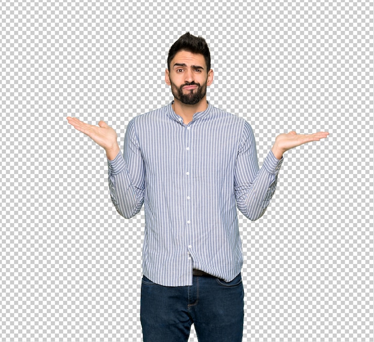 PSD hombre elegante con camisa infeliz y frustrada con algo porque no entiende algo.