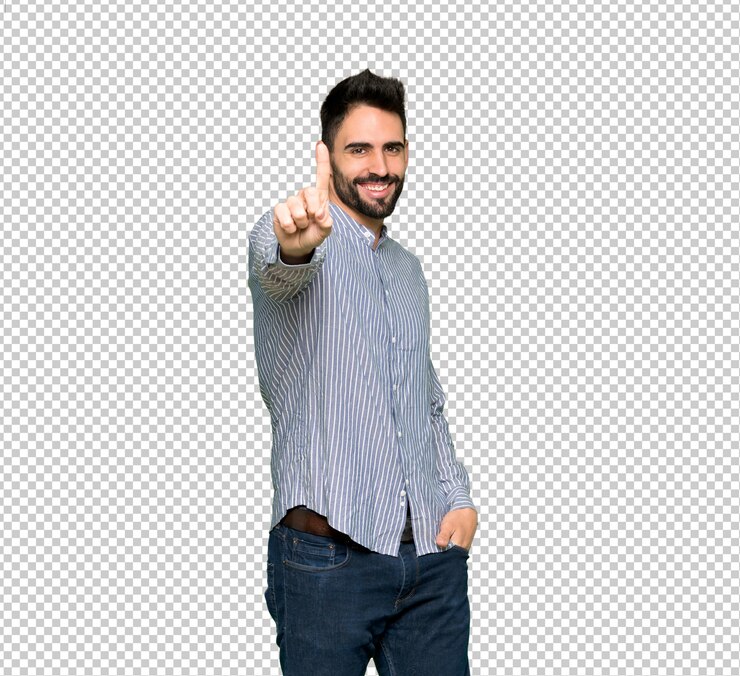 PSD hombre elegante con camisa mostrando y levantando un dedo.