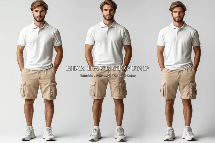 PSD hombre elegante con camisa polo blanca y pantalones cortos de carga beige un aspecto de verano de moda
