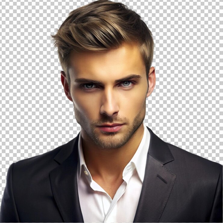 PSD hombre elegante con corte de pelo de hadas de capas cortas fondo transparente