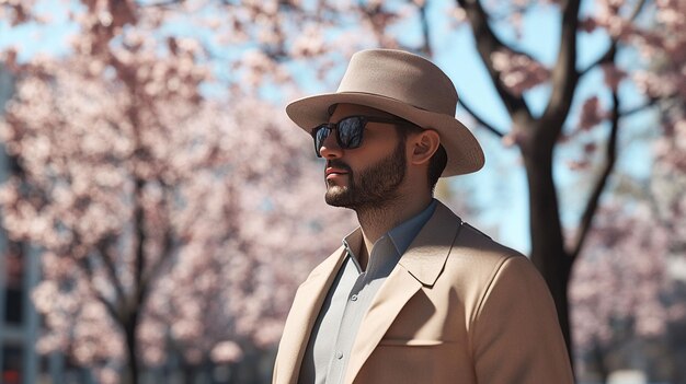 Hombre elegante con sombrero y gafas de sol al aire libre en primavera
