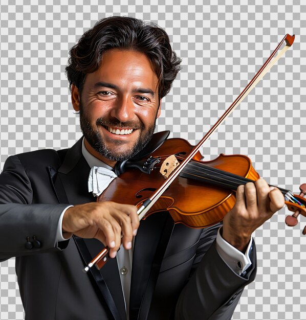 Hombre elegante sonriente tocando el violín en un fondo transparente