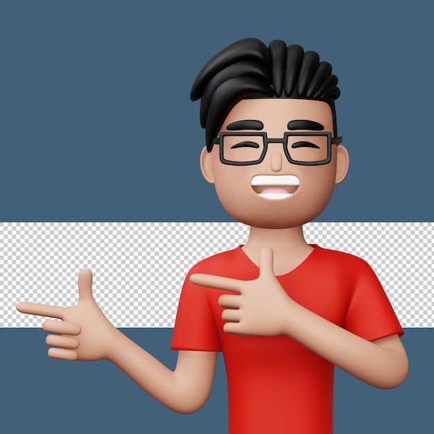 PSD hombre emocionado feliz que señala al lado representación 3d del personaje de dibujos animados lindo