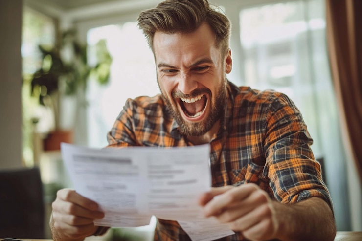 PSD hombre emocionado leyendo documentos de buenas noticias
