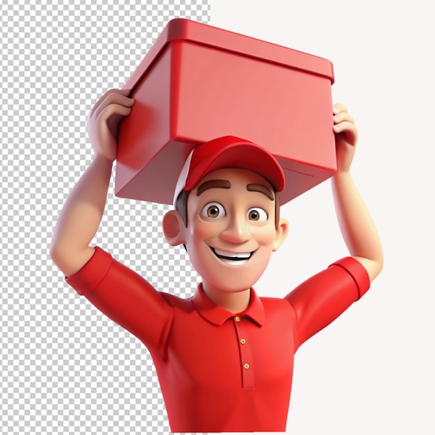 PSD hombre de entrega 3d personaje caminando y llevando caja de paquetes