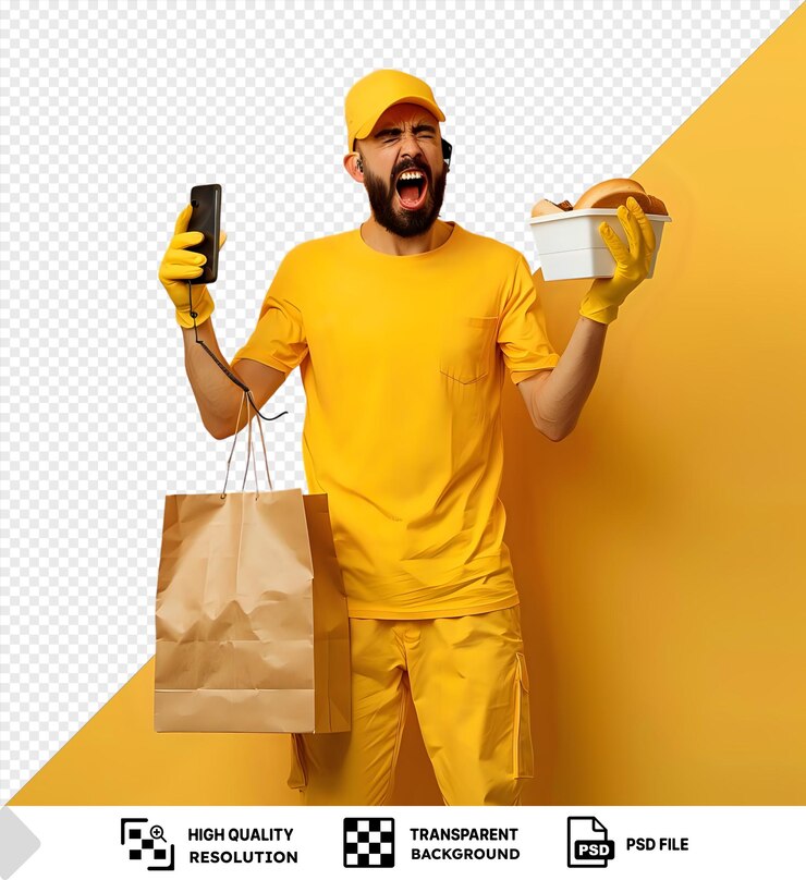 PSD hombre de entrega empleado gorra amarilla camiseta en blanco uniforme sosteniendo contenedores de alimentos con bolsa de papel
