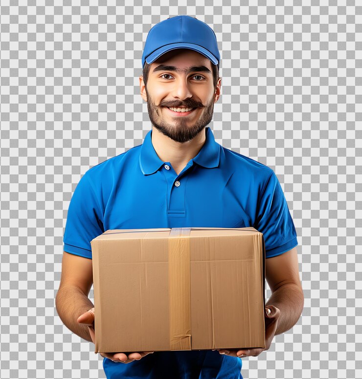 PSD hombre de entrega feliz con caja en fondo transparente aislado