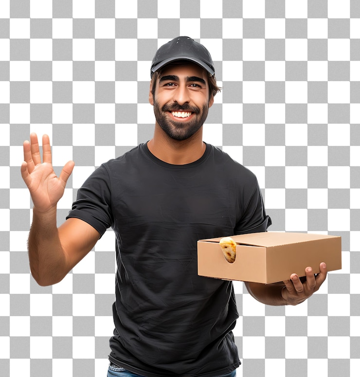 PSD hombre de entrega joven tomando una comida para llevar en un fondo transparente