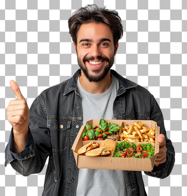PSD hombre de entrega joven tomando una comida para llevar en un fondo transparente