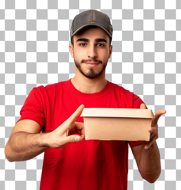 Hombre de entrega joven tomando una comida para llevar en un fondo transparente
