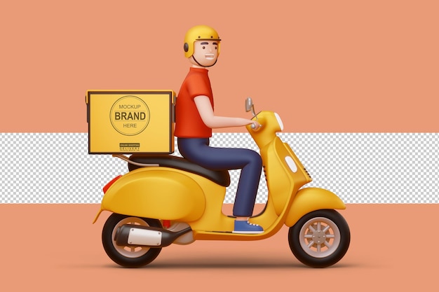 El hombre de la entrega montando una motocicleta con una caja de entrega en renderización 3D