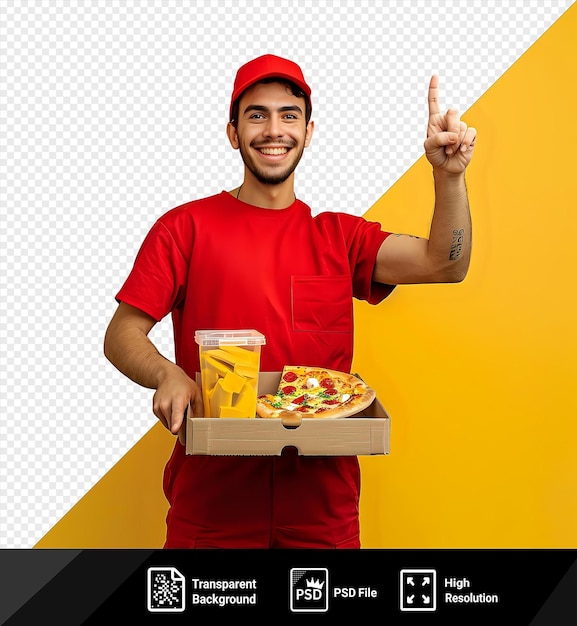 PSD hombre de entrega psd empleado gorra roja camiseta en blanco uniforme sosteniendo contenedores de comida y caja de pizza señalando con el dedo índice sonriendo confiado mirando cámara de pie frente a la pared amarilla