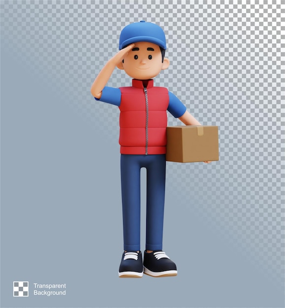 PSD hombre de entregas en 3d personaje salute pose con caja de paquetes