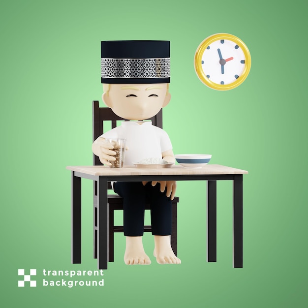 Hombre esperando en la cena iftar Ramadán concepto 3d personaje render ilustración