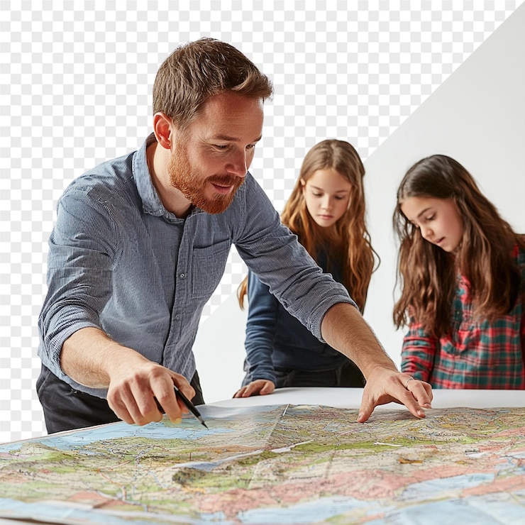 PSD un hombre está escribiendo en un mapa con dos chicas y una chica