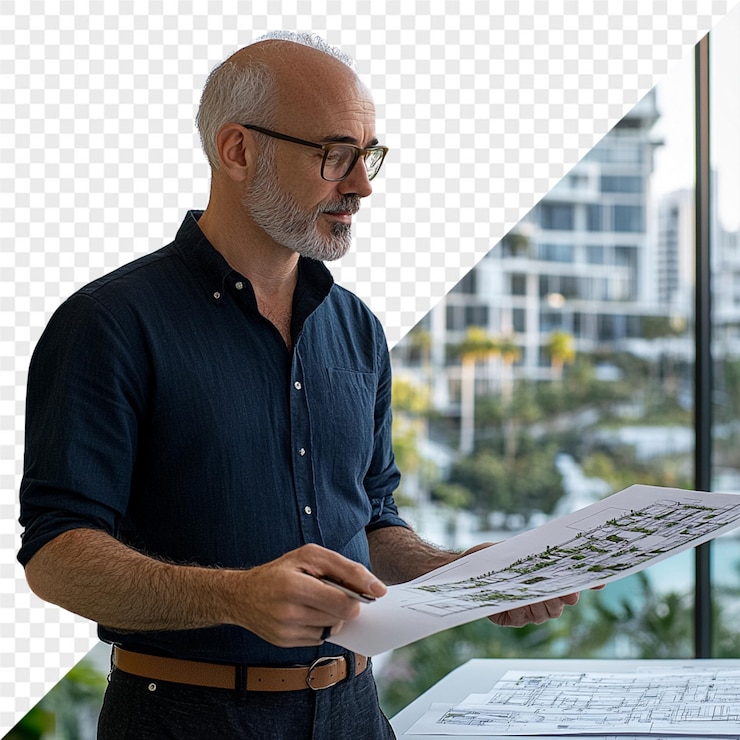 PSD un hombre está leyendo una revista con una imagen de un edificio en el fondo