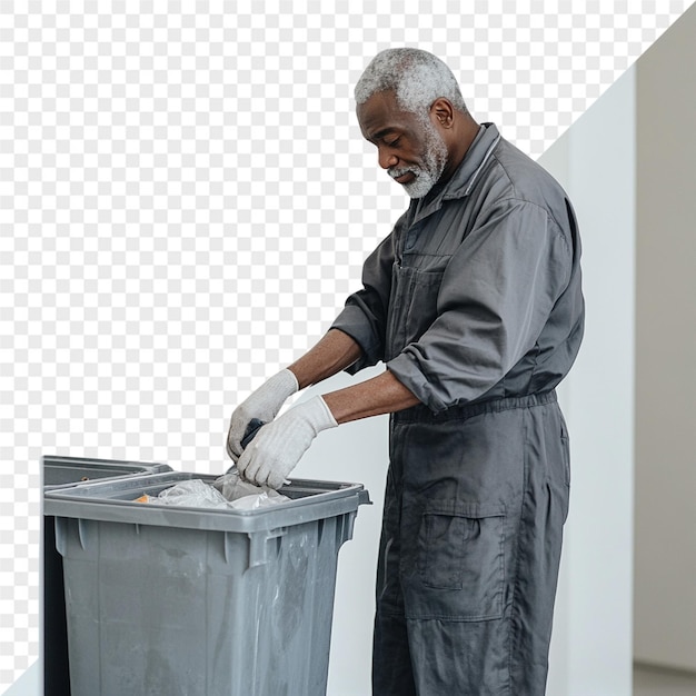 un hombre está mirando un cubo de basura